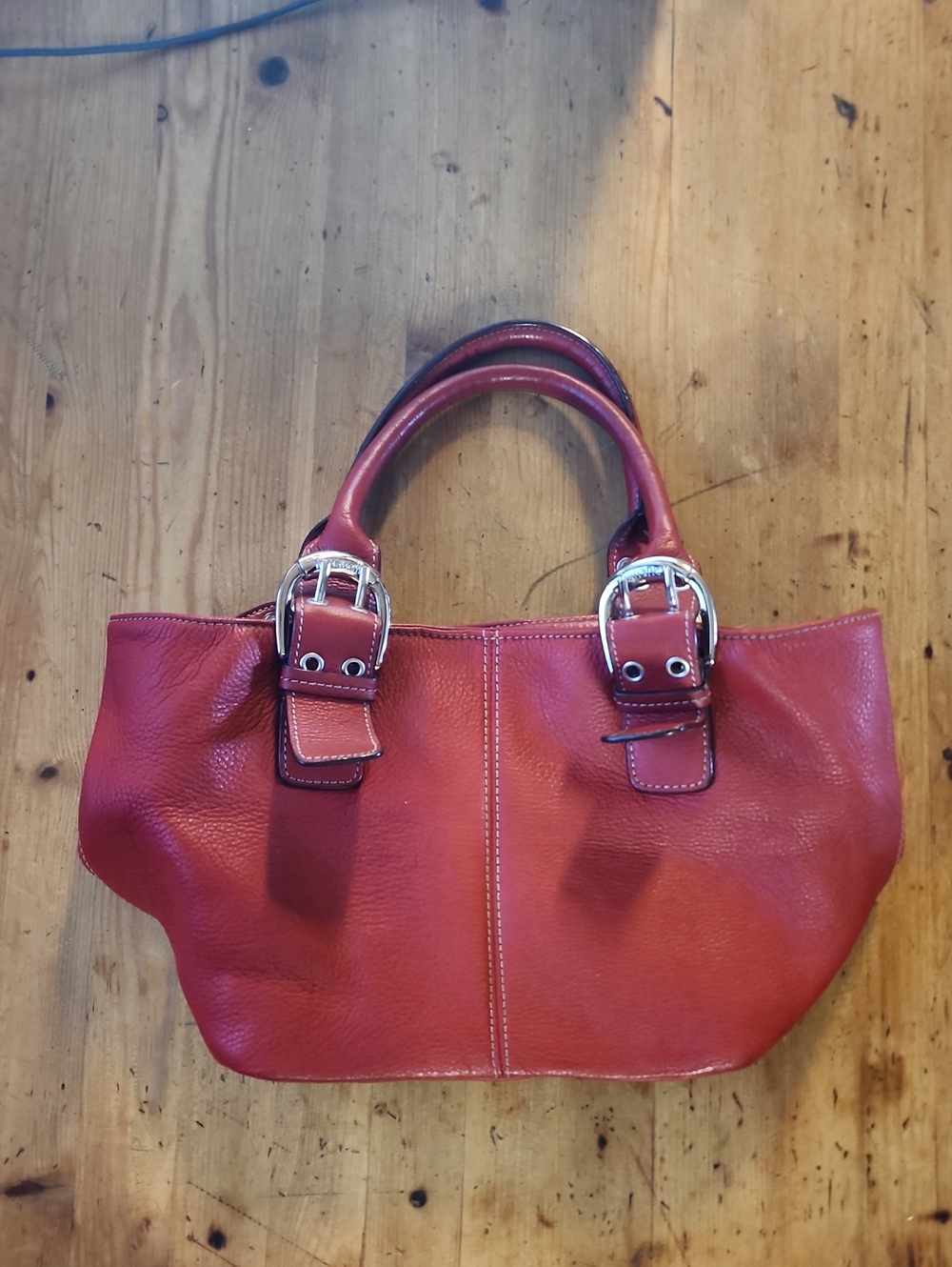 Tignanello Red Leather Vintage Handbag with Silver Buckle Accents